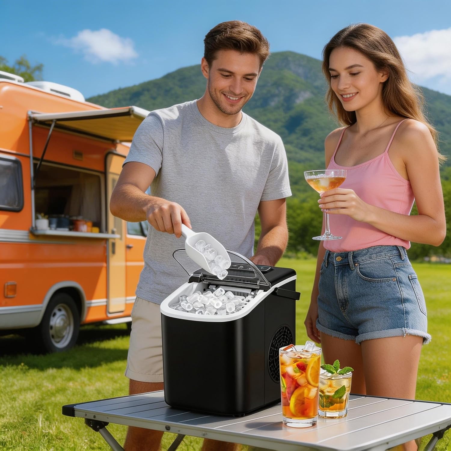 Small Portable Countertop Ice Maker, 26lbs/24H Ice Machine with Self-Cleaning, 6-8 Mins Fast Ice Making,Quiet Operation for Home Kitchen Camping RV