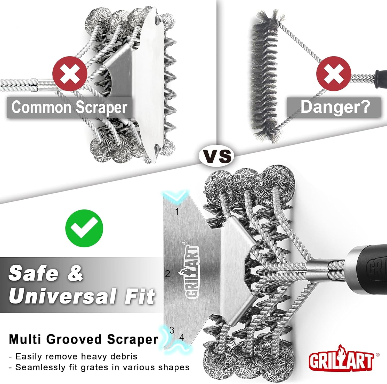 CUKIXA 3-Head Stainless Steel Grill Brush and Scraper, Bristle-Free BBQ Grill Cleaner Tool with 18" Handle, 6.1" Scraper for Porcelain, Weber Gas & Charcoal Grills (0.94lb)