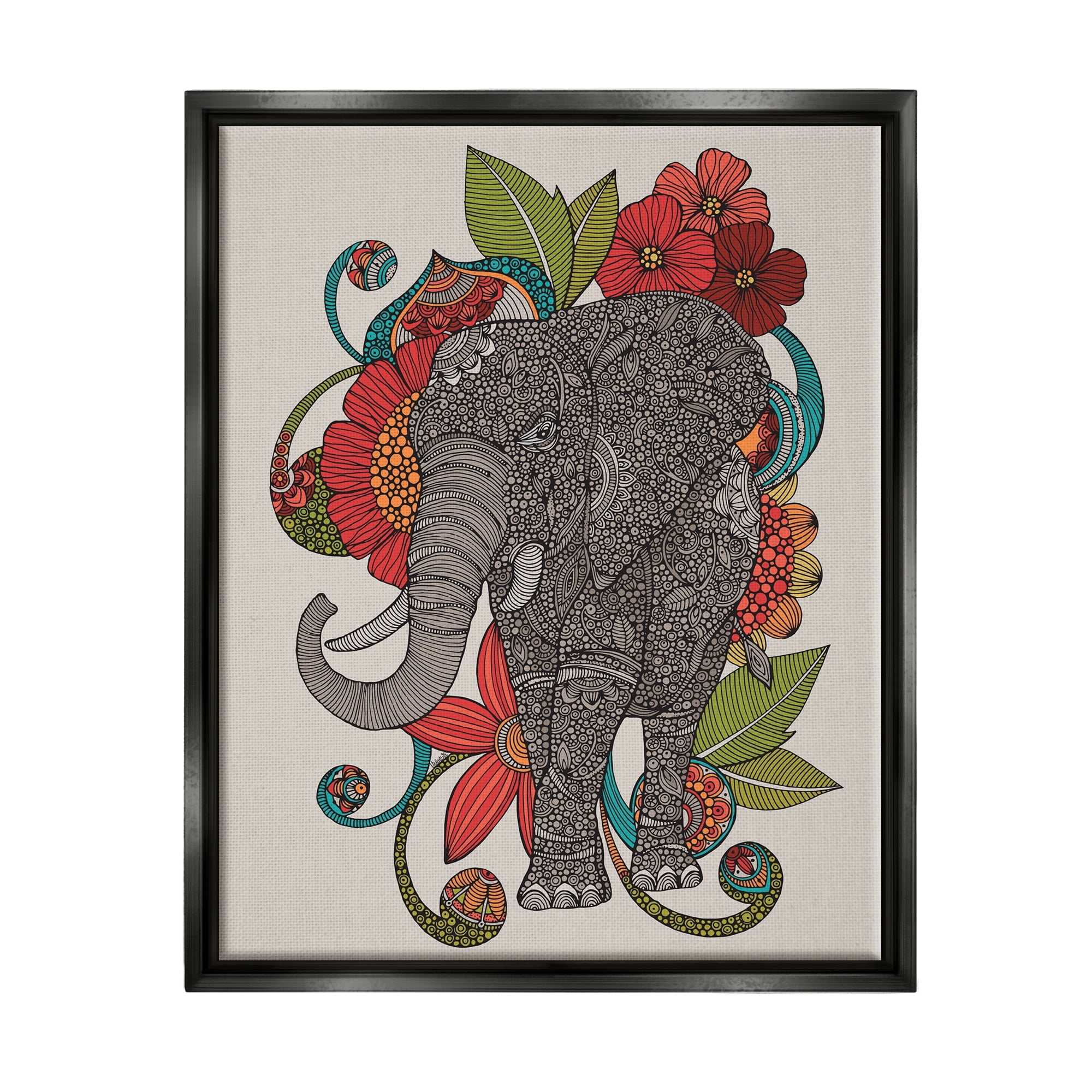 Stupell Industries Wild Elephant Surrounded Elaborate Flower Mandala Patterns Graphic Art Jet Black Floating Framed Canvas Print Wall Art, Design by Valentina Harper