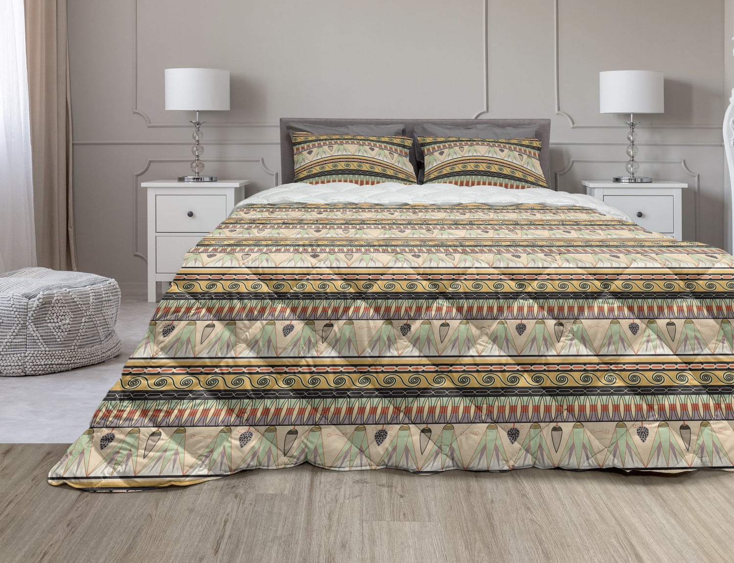 Egyptian Print Comforter & Sham Bedding Set, Colorful Abstract Borders Traditional Old Cairo