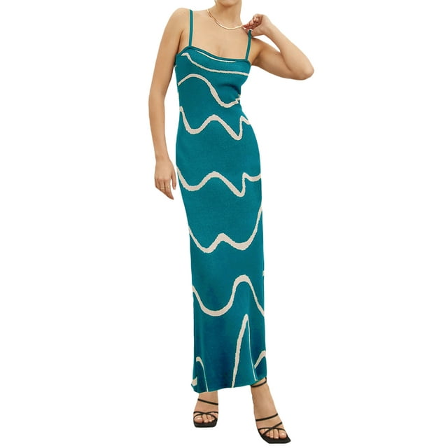Faithtur Robe d'Été pour Femme en Tricot à Bretelles Spaghetti, Imprimé Ondulé, Dos Ouvert, Robe Midi de Soirée