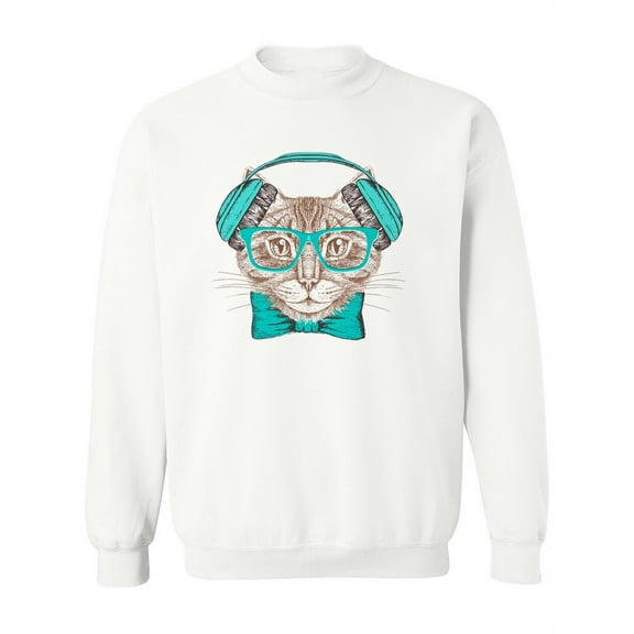 Hipster Cat Blue Headphones Sweatshirt Women -Image by Shutterstock, Female XX-Large