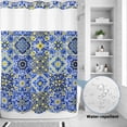 thumbnail image 2 of No Hook Shower Curtain, Vintage Boho Shower Curtains for Bathroom with See Through Top Window, Middle Century Bohemia Style Patchwork Blue Waterproof & Washable Bath Curtain Stall 48"x72", 2 of 9