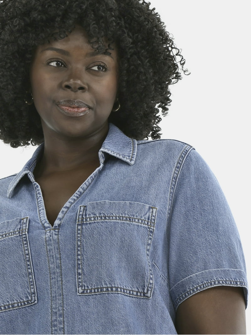 Terra Sky Women's Plus Denim Mini Popover Shirt Dress, Sizes 0X