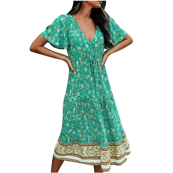 JINMGG 2026 Summer Dresses under $10.00 Fashion Women's V-neck Casual Printed Belt Long-style Short Sleeve Loose Dress