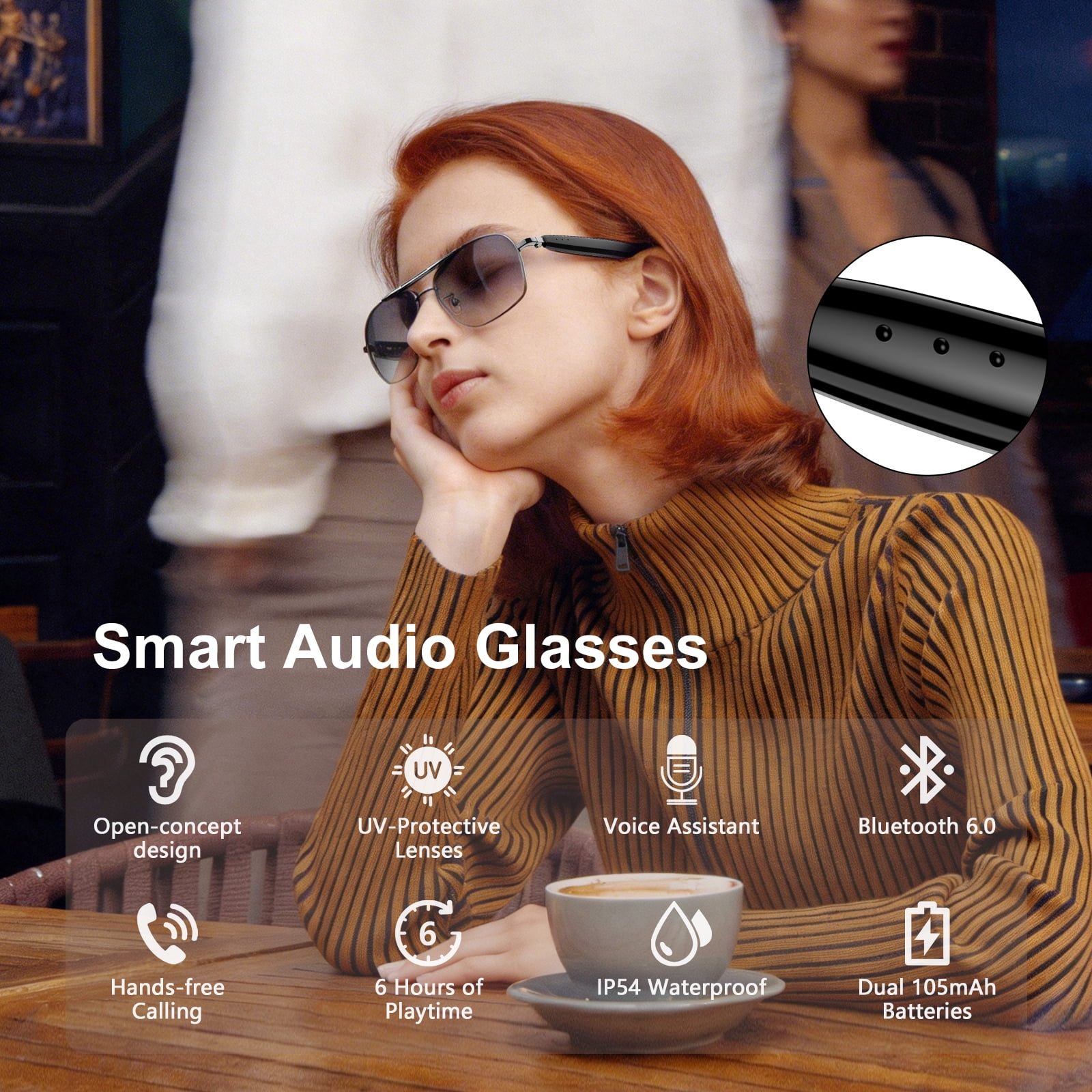 LUOMATE Smart Glasses with Bluetooth Audio, Sunglasses with Voice Assistant, Open Ear Speaker, LensTouch Control for Travel Work Business (Black)