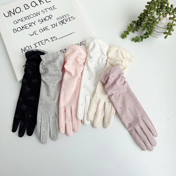 Mdesiwst 1 Pair Floral Print Anti-slip Palm Driving Gloves Full Finger Lace Stitching Wrist Extended Girls Outdoor Riding Sunscreen Mittens Cycling Accessories