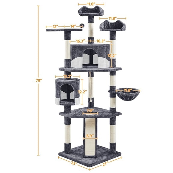 HarmonyStrings 79in Multi-Level Cat Trees Indoor Cat Tower with Sisal-Covered Scratching Posts, Plush Perches and Condo for Kittens, Cats and Pets - Dark Gray and White