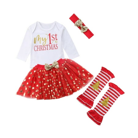 My 1st Christmas Sleepsuit Infant Baby Girls My First Christmas Tutu Dress Skirt Romper Leg Warmer Headband Outfit Set ()