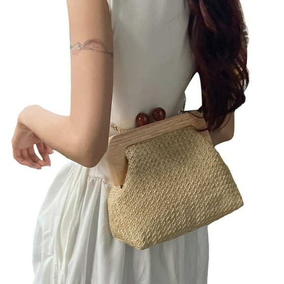 YIEMEEN Elegant Woven Straw Shoulder Bag Kiss Lock Crossbody Bag Beach Holiday Purse with Detachable Pearl Chain for Womens