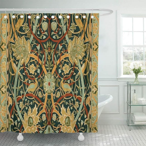 Libin Red Vintage William Morris Persian Blue Pattern Earthy Color Shower Curtain 66x72 inch