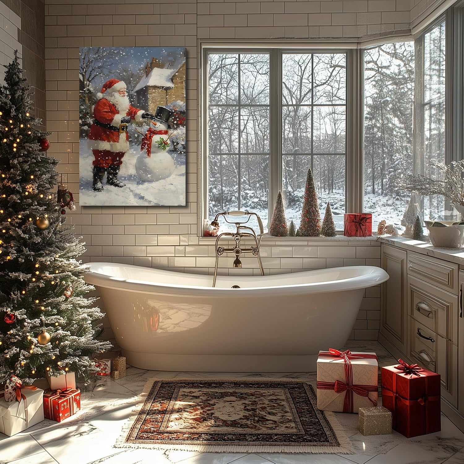 Christmas Wall Art Prints, Winter Christmas Picture Wall Decor Santa Snowman Canvas Artwork for Bathroom, Snow Scene Street Aesthetic Posters for Bedroom, Christmas Holiday Decor