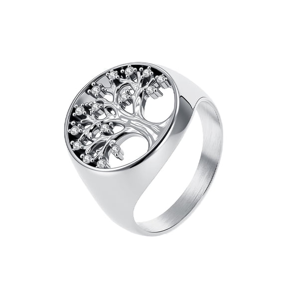 HIRPLIS Tree of Life Rings for Women Men 18MM Hollow Signet Stainless Steel Cubic Zirconia Family Symbol Couple Matchong Simple Classic Personalized Gift Jewelry Silver Plated 9