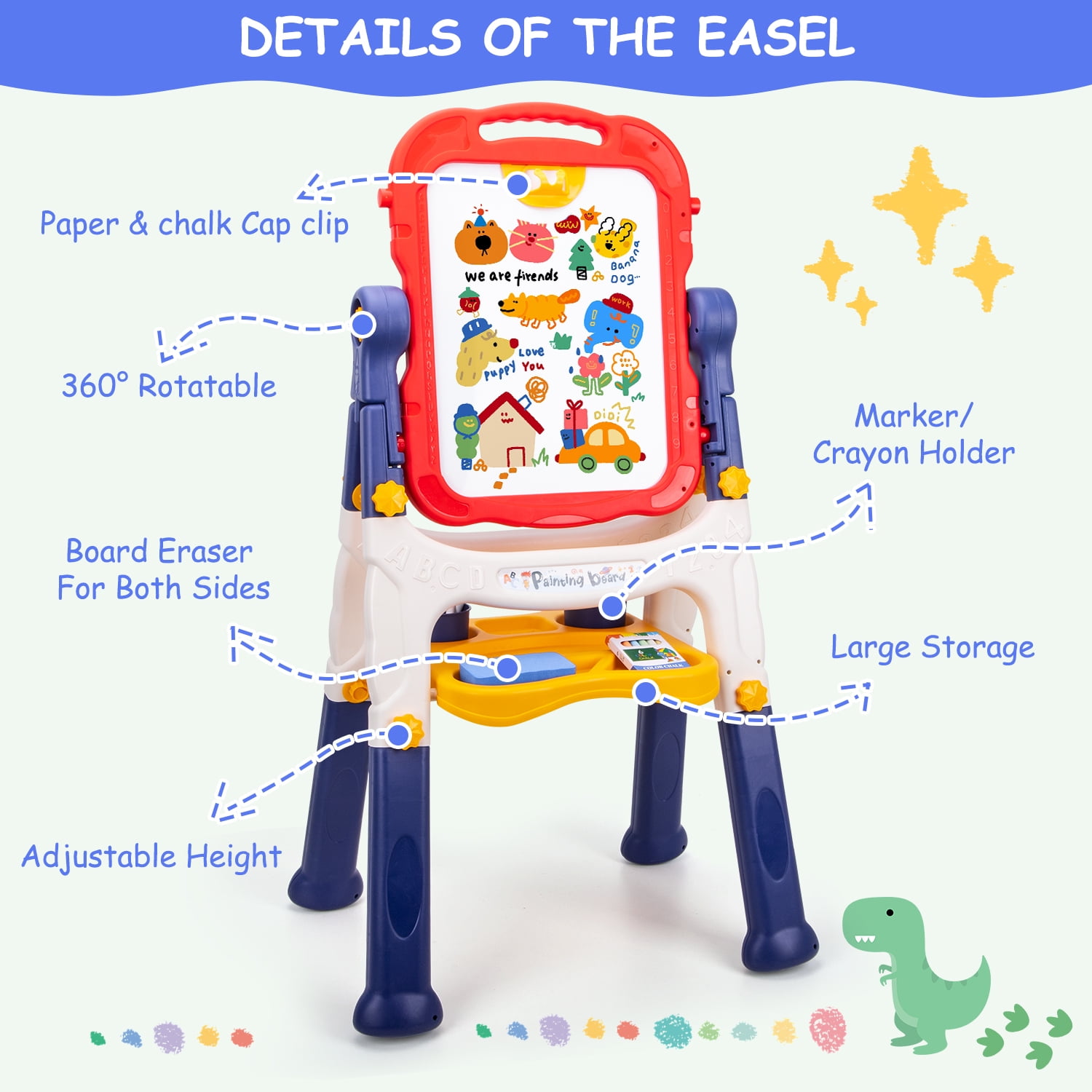 Xueyu Art Easel for Kids, Double Sided Kids Art Easel with Magnetic White Board Chalk Board, Adjustable Standing & Rotatable Toddler Easels with Drawing Accessories, Gift for Boys and Girls-Blue