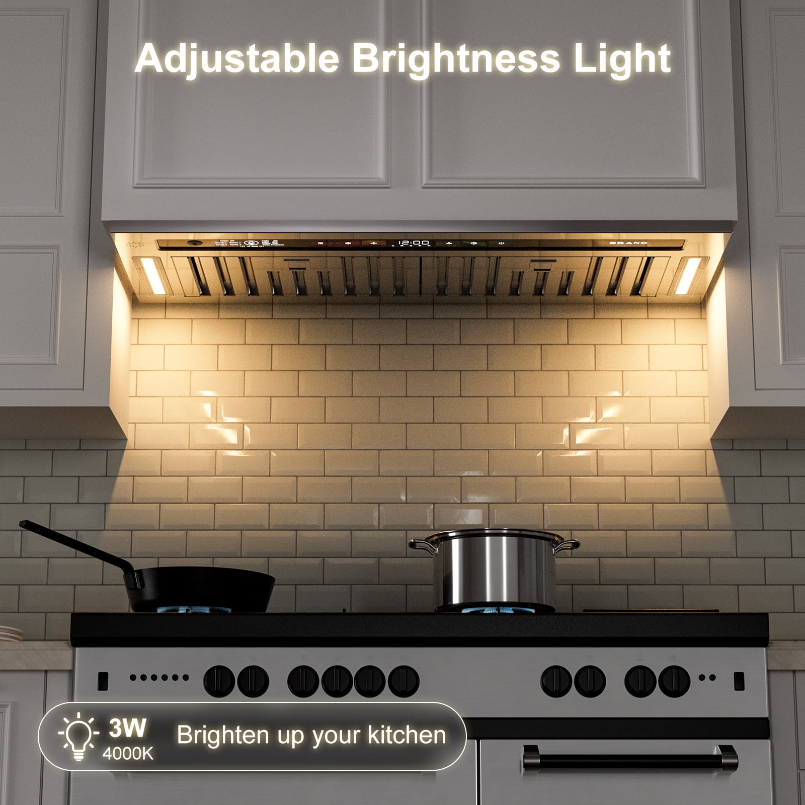 BRANO 36 Inch Stainless Steel Range Hood Insert,900 CFM Smart Voice/Gesture/Touch Control,with 4 Speed Exhaust Fan