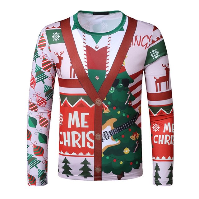 Blusa informal de manga larga con cuello redondo y estampado navideño para hombre Pompotops oipoqjl2453