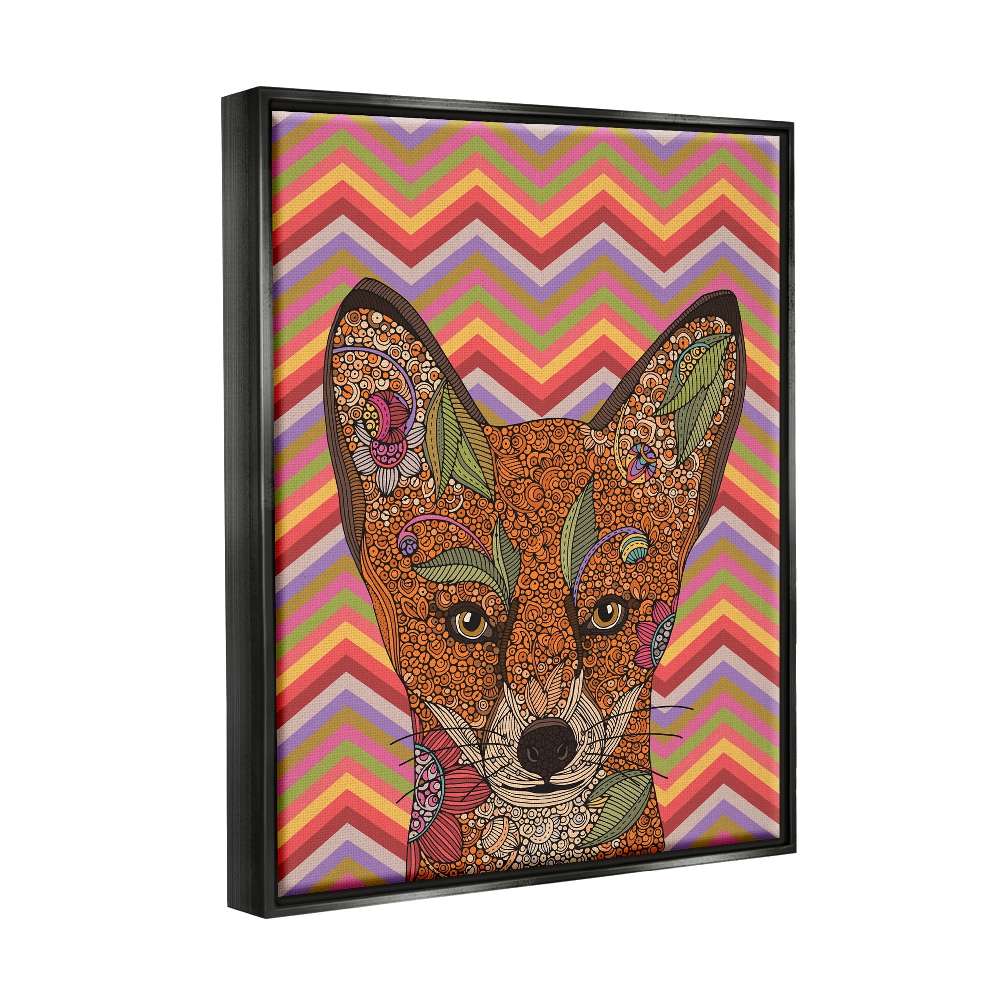 Stupell Industries Detailed Fox Retro Zig Zag Pattern Mandala Fractals Graphic Art Jet Black Floating Framed Canvas Print Wall Art, Design by Valentina Harper