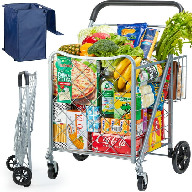 Folding Shopping Cart with Wheels & Jumbo Basket Rolling Utility