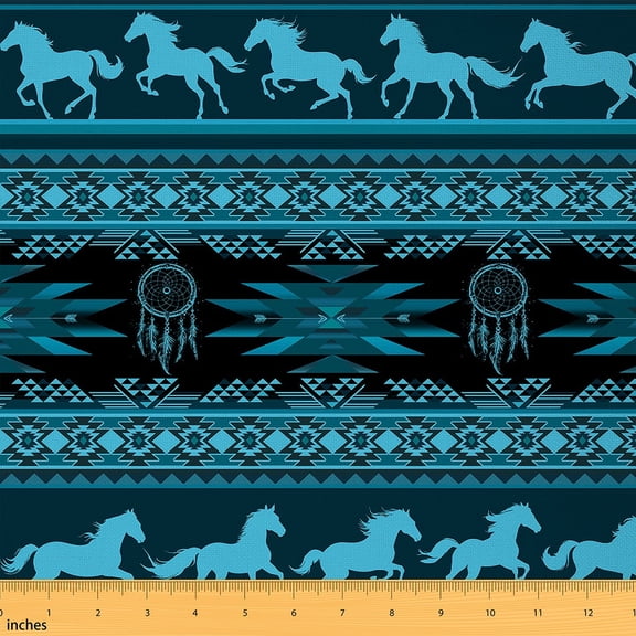 Manfei Dream Catcher Horse Fabric by the Yard (3 Yards), Bohemian Hippie Aztec Decorative Fabric by the Yard, Black Blue DIY Fabric