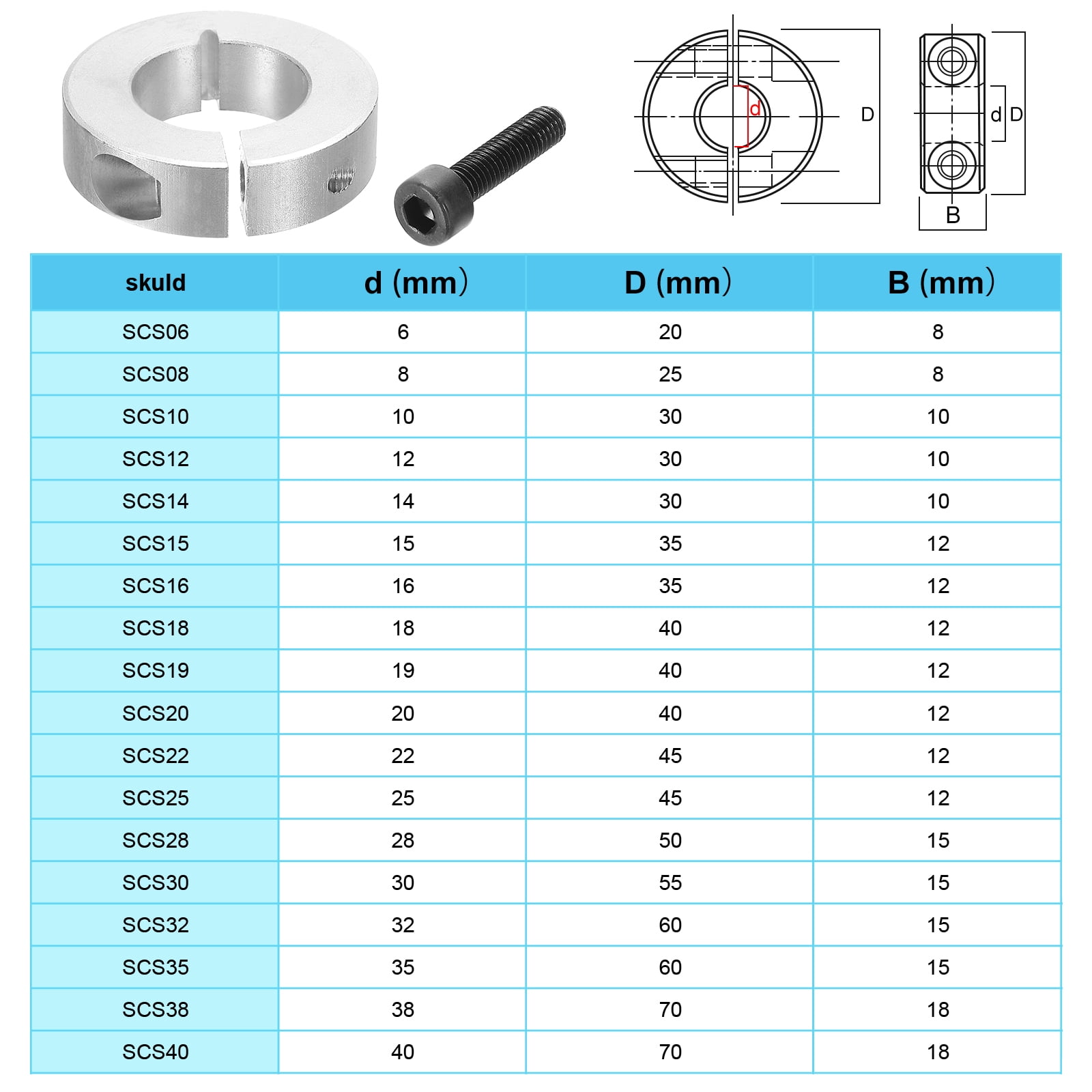 Aluminum Alloy Bore 35mm Single Split Shaft Collar 60mm OD 15mm Thickness with Set Screw, Silver 4 Pack