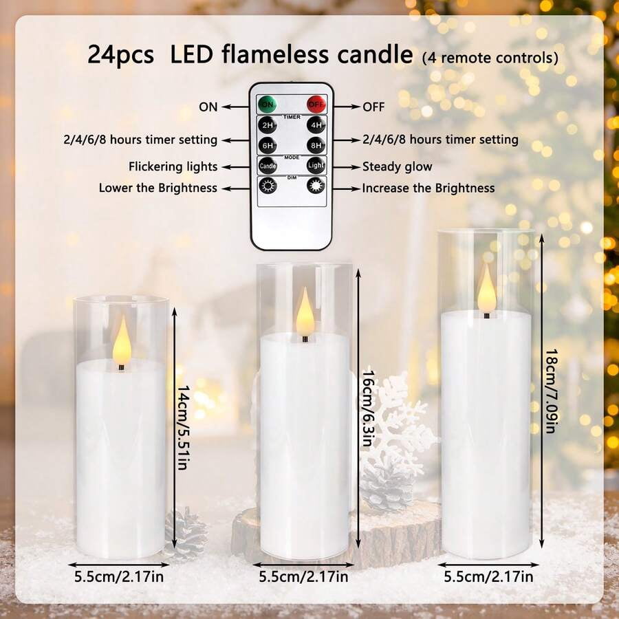 24 Acrylic Transparent Flameless LED Candle Lights, White, 3 Sizes, With Remote Control And Timing Function, Battery Powered, Adjustable Brightness, Perfect For Making Wishes