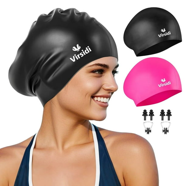 Gorro de natación VIRSIDI de silicona para mujeres, hombres y adultos, paquete de 2 unidades, color negro y rosa