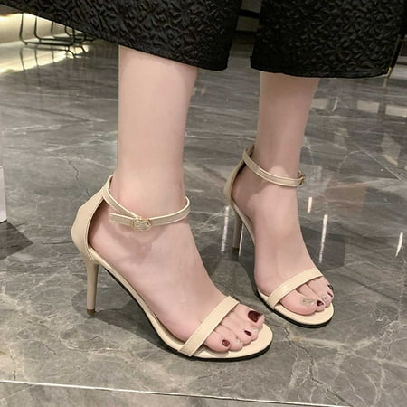 Aueoeo Women Causal Shoes Open Round Toe One Straps Sandals Mid Thin Heel Strappy Ankle Strap Sandals Party Wedding Dress Shoes