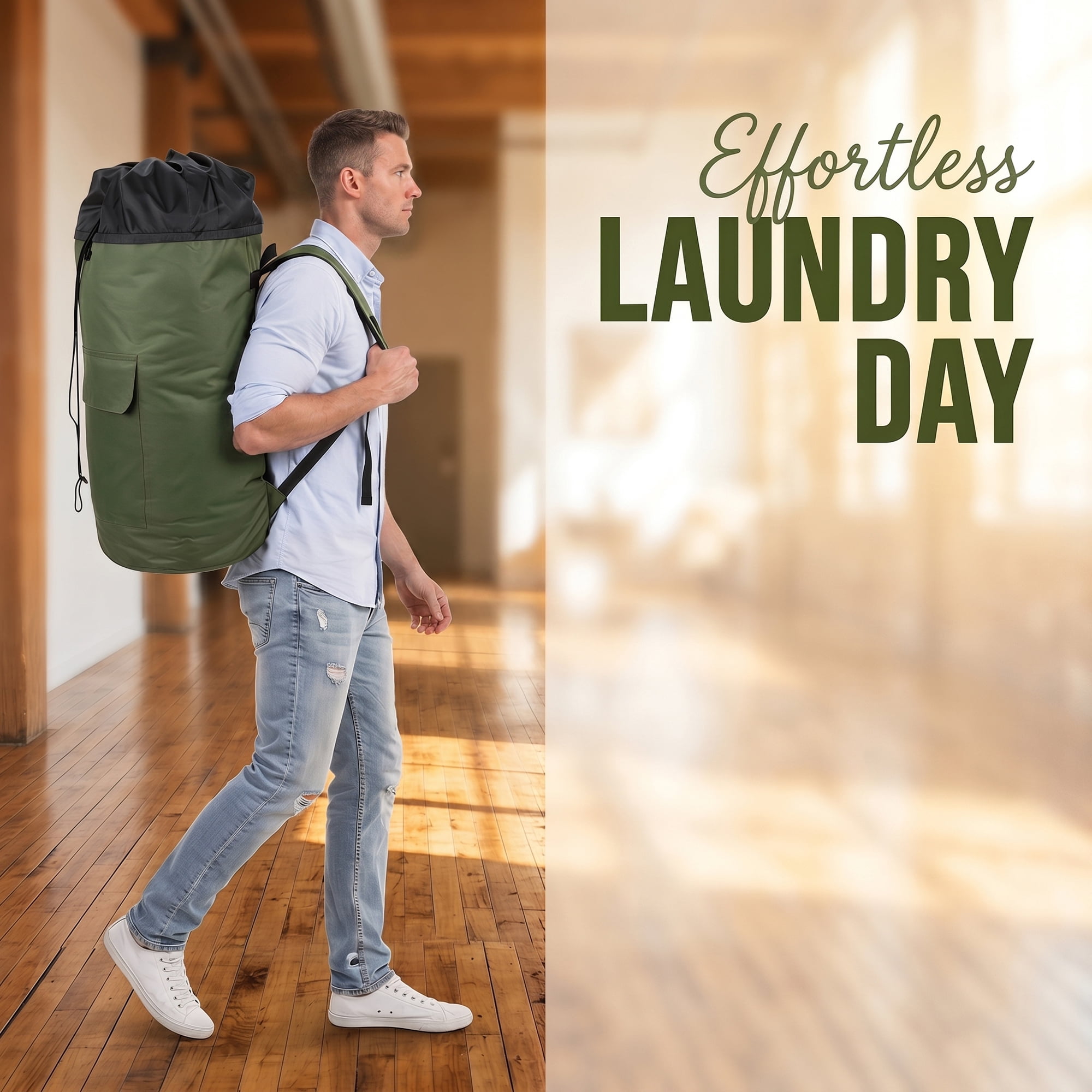 Unique Bargains Laundry Backpack Large Dirty Clothes Hamper Bag with Pocket Green 15"x28"