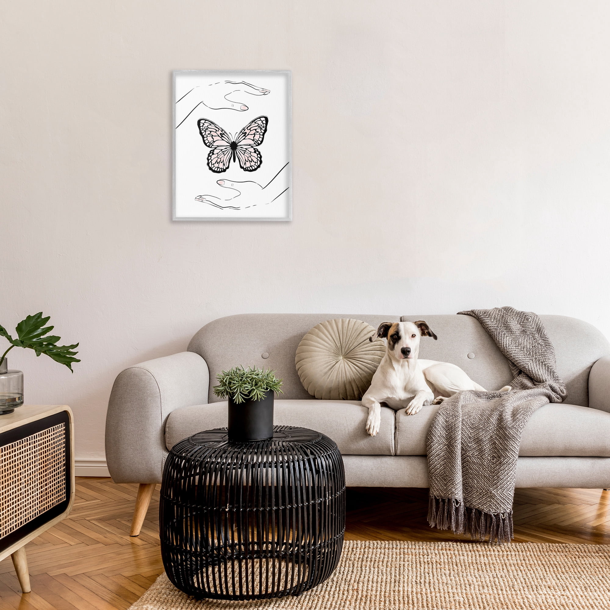 Stupell Industries Hands & Pink Butterfly Animals & Insects Painting Gray Framed Art Print Wall Art, 24 x 30