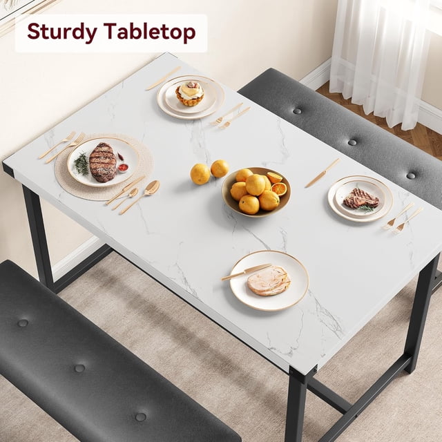 Royalbelle ining Table Set for 4,Kitchen Table with 2 UpholsteRed Benches,Rectangular Dining Room Table Set,3 Piece Kitchen Table Set for Small Space,Apartment,Studio,Marble White