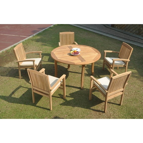 Grade-A Teak Dining Set: 5 Seater 6 Pc: 52" Round Table And 5 Wave Stacking Arm Chairs Outdoor Patio WholesaleTeak #WMDSWVm