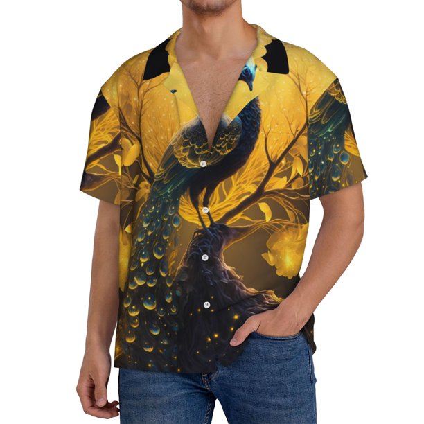 Balery Elegant Gold Leaf Peacock Camisa Casual de Manga Corta con Botones para Hombre, Texturizada, Estilo Cubano, para Playa, Verano-Large
