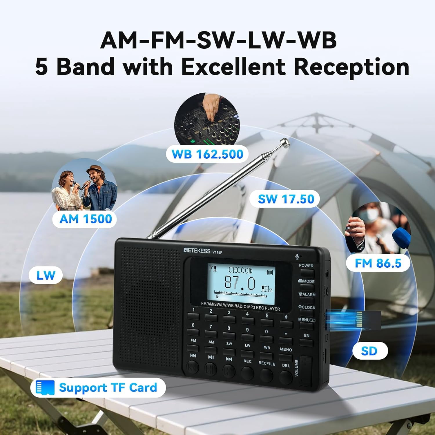 Retekess V115P Emergency radio with NOAA,Rechargeable AM FM SW WB Radio,Wireless Connection,1800mAh Battery,Digital Tuner,TF/AUX,Recording,Flashlight,Sleep Timer,Alarm Clock,for Emergency,Camping