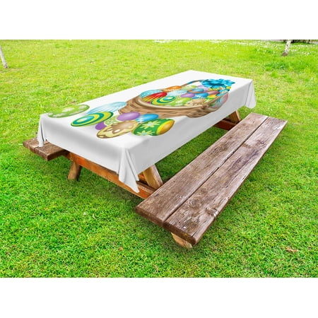 

Easter Outdoor Tablecloth Basket of Colorful Ornamental Eggs with a Blue Ribbon Spring Season Easter Holiday Decorative Washable Fabric Picnic Tablecloth 58 X 120 Inches Multicolor by Ambesonne