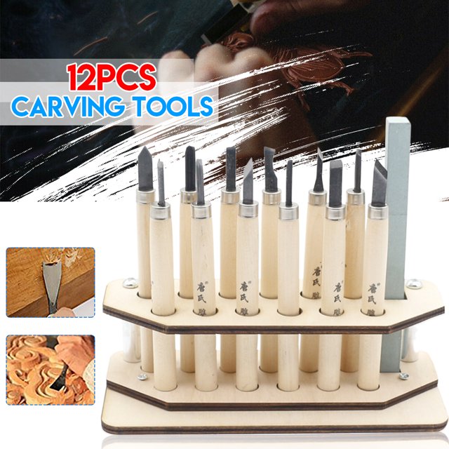 12Pcs Outils de Sculpture sur Bois W / Support de Rangement Ensemble de Ciseaux à Main Bricolage Outil de Gouges de Travail du Bois