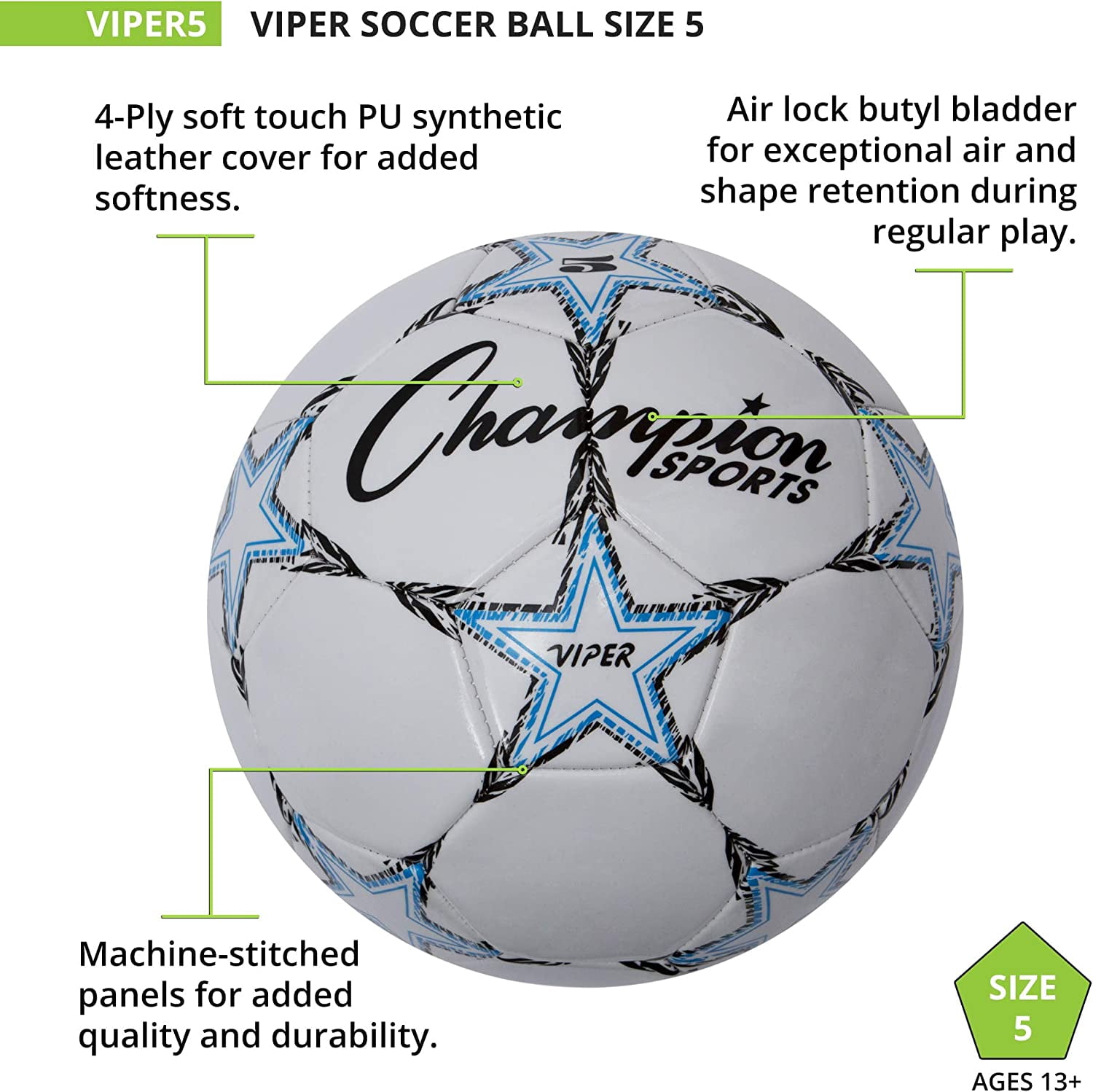 Champion Sports Viper Soccer Ball - Size 5 - Blue/Black/White