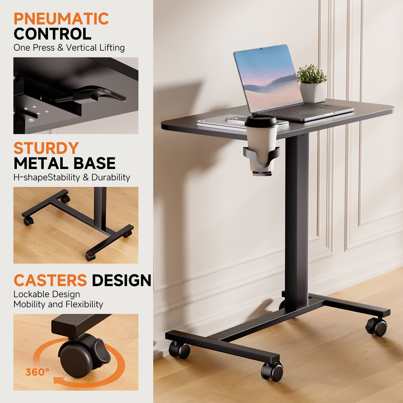 EXRACING Pneumatic Standing Overbed Desk with Lockable Wheels, Height Adjustable Rolling Laptop Table for Home & Hospital, Black
