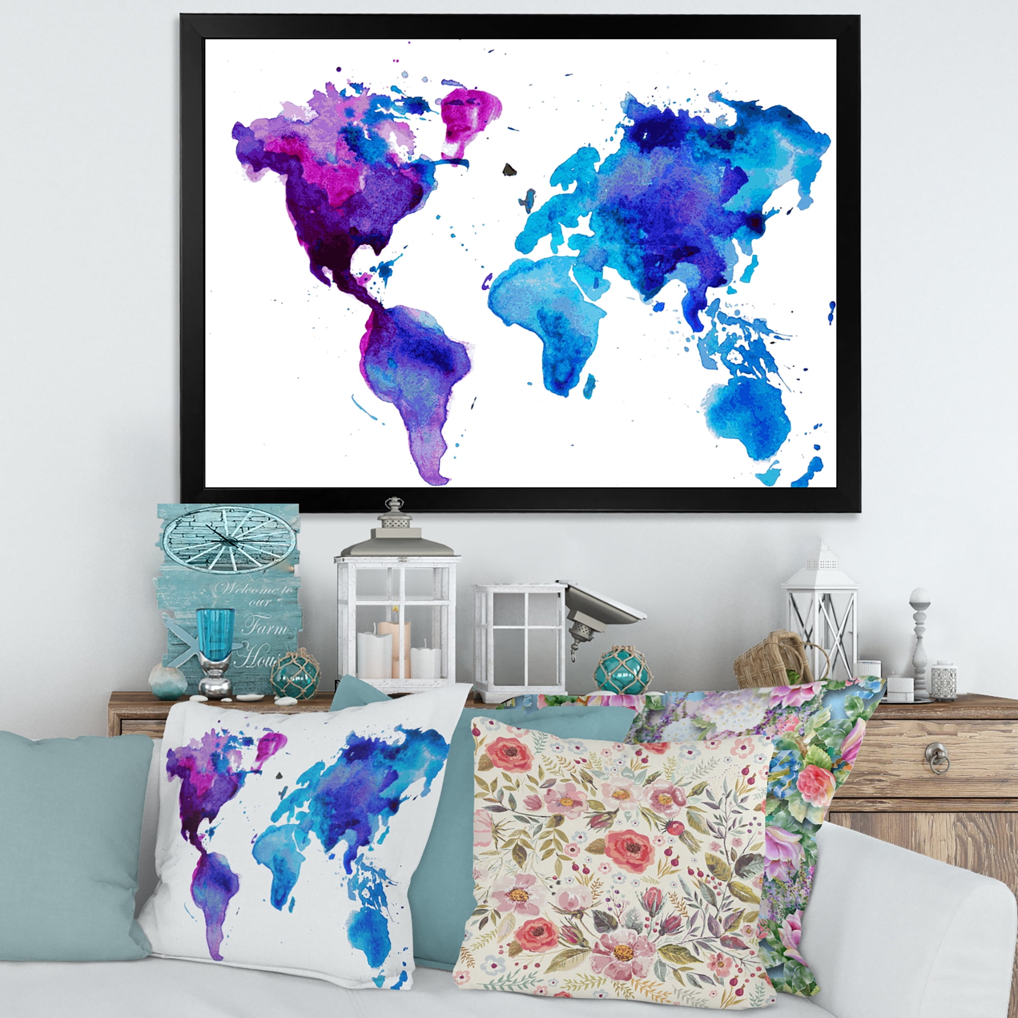 Designart 'Blue and Purple Map Of The World' Modern Framed Art Print