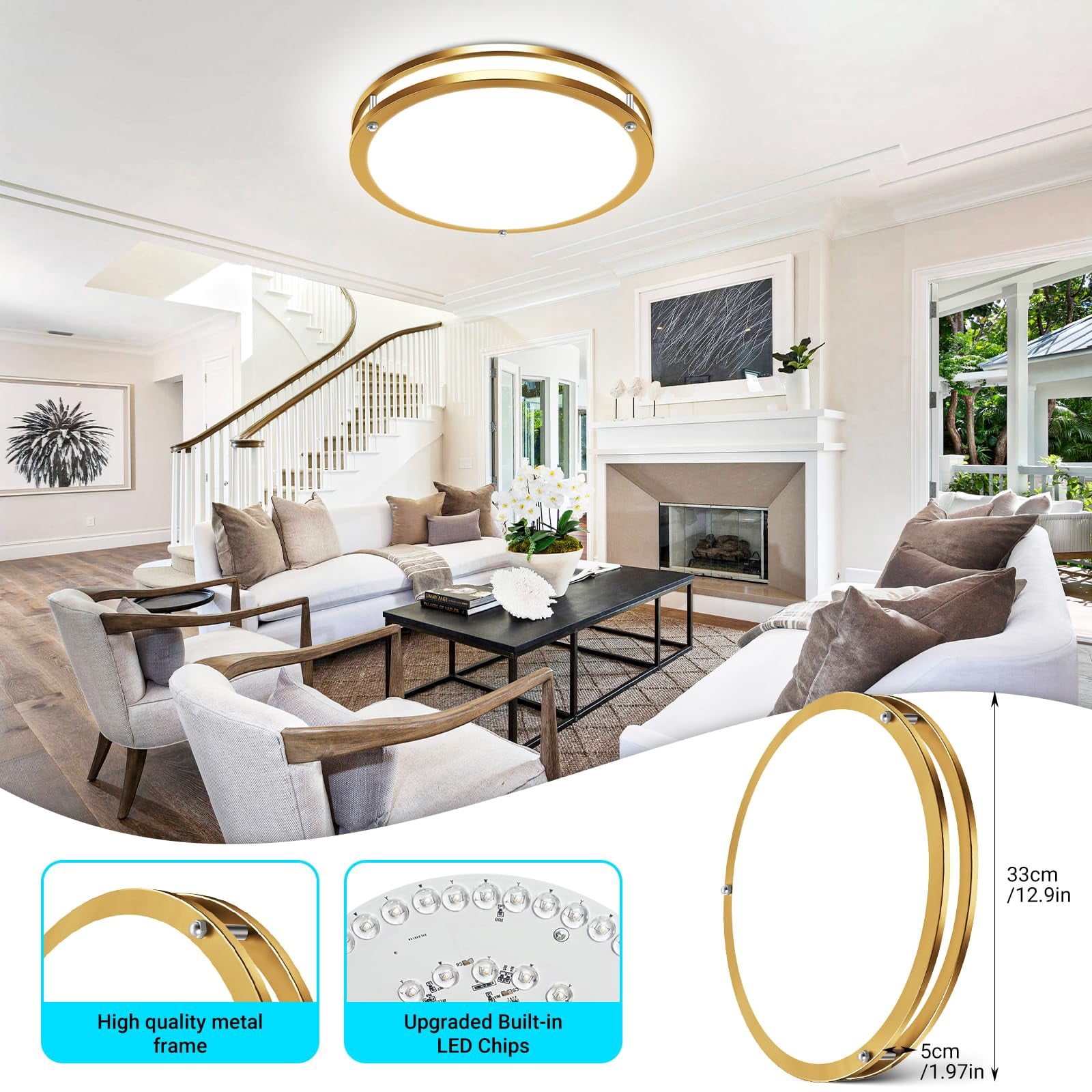 HOVMAP 13 Inch Gold Ceiling Light with Remote, Dimmable 24W 2160LM 5CCT Selectable 3000K-6500K, Bright LED Flush Mount Lighting Fixture with Timer for Bedroom Kitchen Closet, Gold