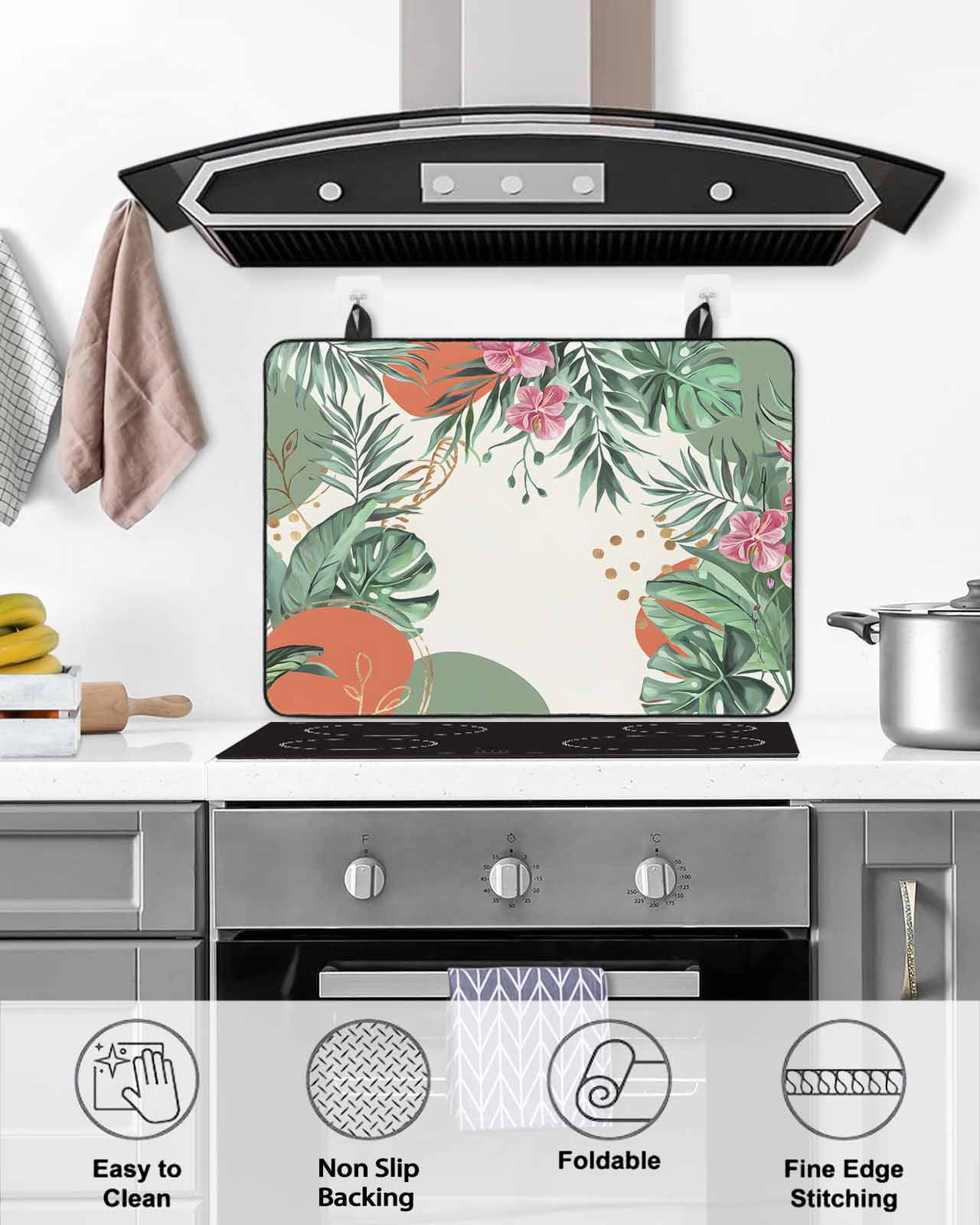 nqOlkjepod Large Induction Cooktop Protector Mat 36"x21", Green Leaves Stove Top Covers for Electric Stove, Summer Botanical Watercolor Abstract Art Stove Burner Cover Mats, Glass Top Stove Cover