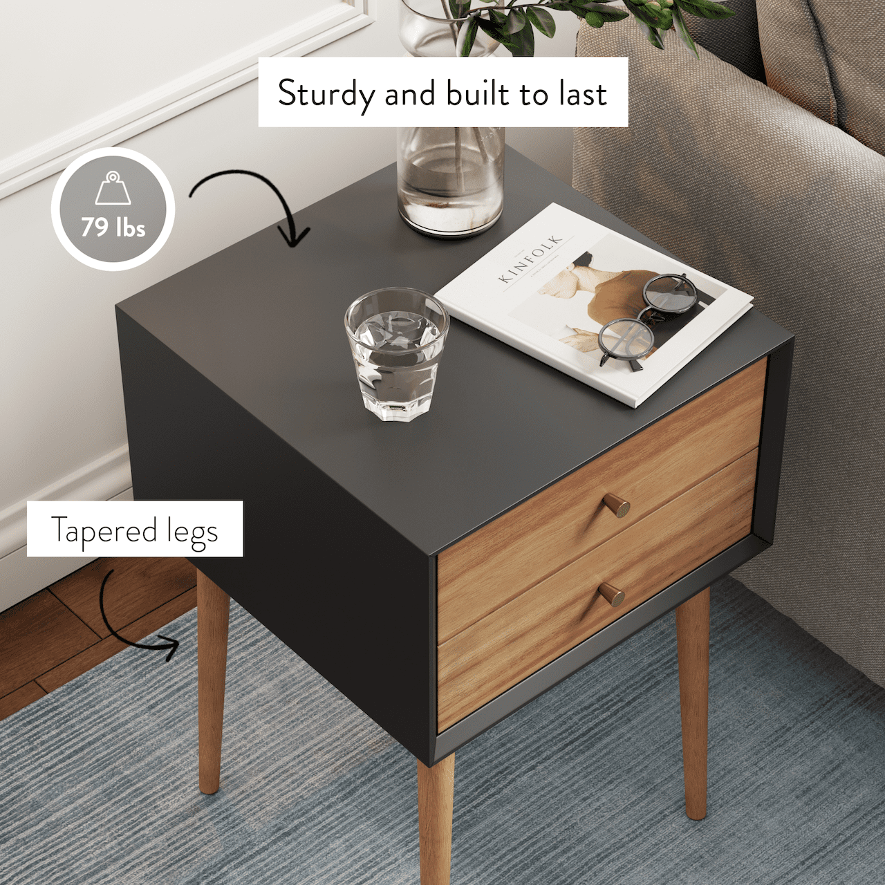 Nathan James Harper Mid-Century Furniture Pads Pinewood End Table, Black