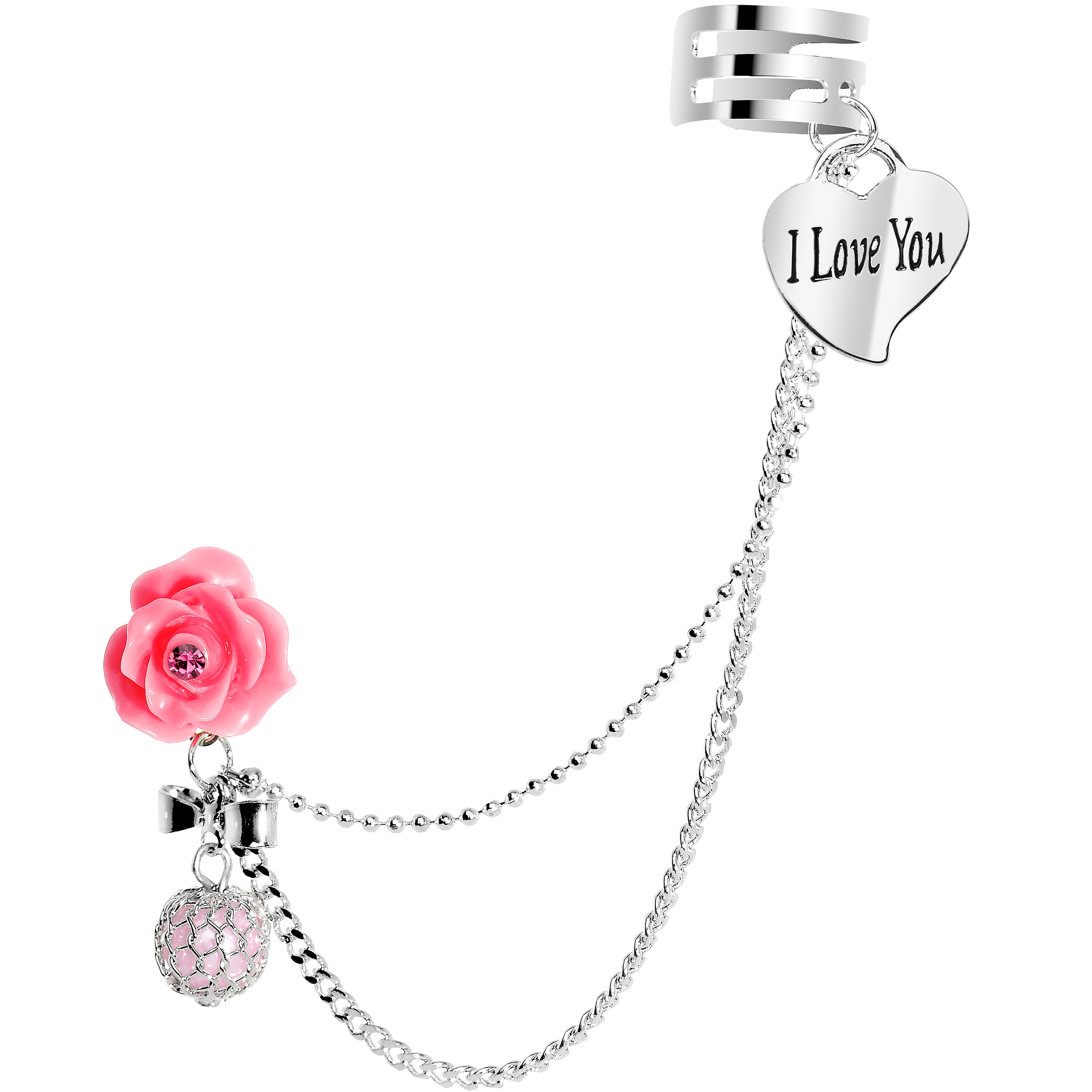 Body Candy Stainless Steel Pink Rose I Love You Heart Earring to Ear Cuff Chain Set
