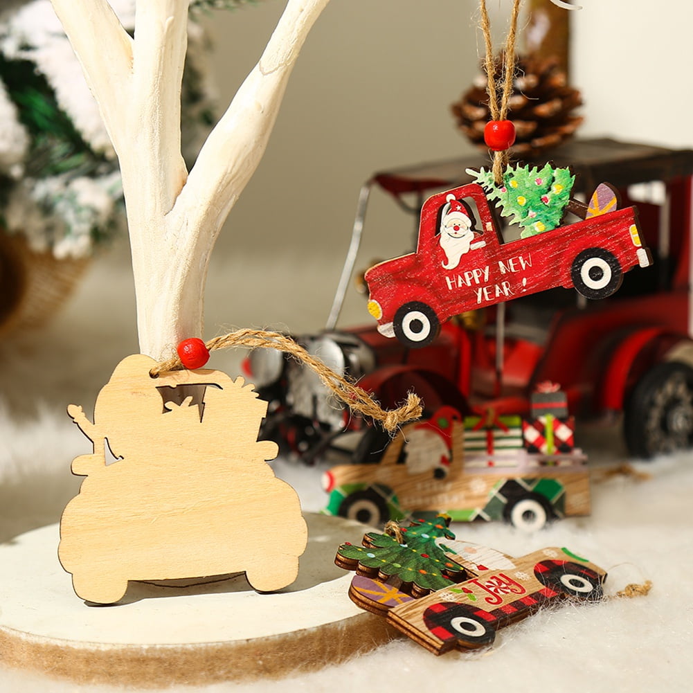 Wooden Christmas Truck Ornaments,9 Pcs Christmas Tree Ornaments Vintage Christmas Decorations,Red Truck DIY Craft for Christmas Tree,Holiday Decorative Pendant,Hanging Signs for Home Decoration