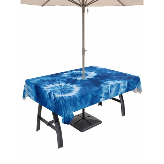 Outdoor Tablecloth with Umbrella Hole and Zipper, Blue Tie Dye Waterproof Patio Tablecloth for Dining 54''x80'', Boho Ethnic Abstract Ombre Pattern Art Wipeable Table Cover for Picnic BBQ Party Patio