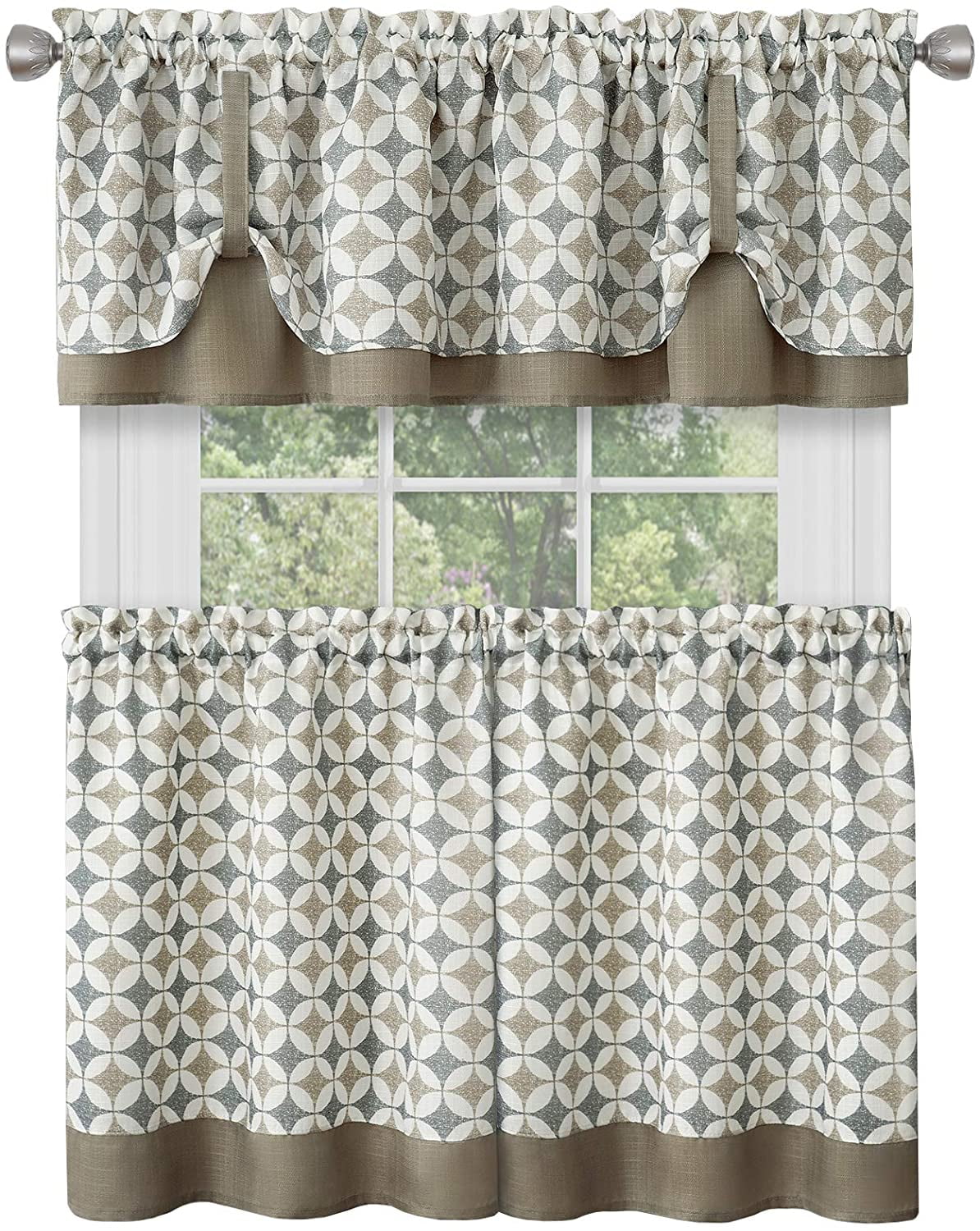 18 Piece Window Kitchen Curtain Set with Double Layer Plaid Gingham Fabric,  Tier Pair Panels and Cuff Tab Top Valance, Farmhouse Decor, Olive, 186