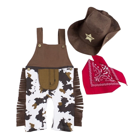 stylesilove.com Infant Toddler Baby Boy Brown Cowboy Overalls, Hat and Handkerchief 3-pc (100/3T)