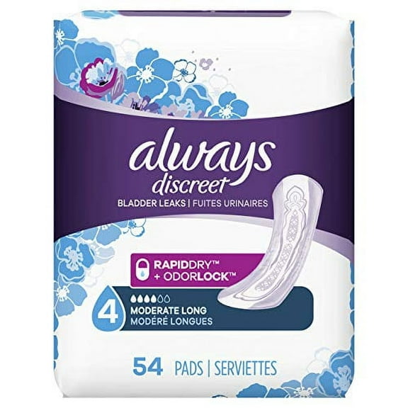 Always Discreet Incontinence & Postpartum Incontinence Pads for Women, Moderate Absorbency, Long Length, 54 Count