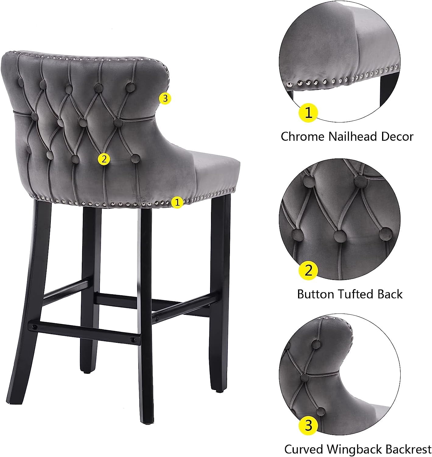 Seizeen Counter Height Bar Stools, Set of 2, Wing-back Velvet Dining Chairs with Soft Cushion, Solid Wood Legs, Button Tufted Decoration and Chrome Nailhead Trim, Gray