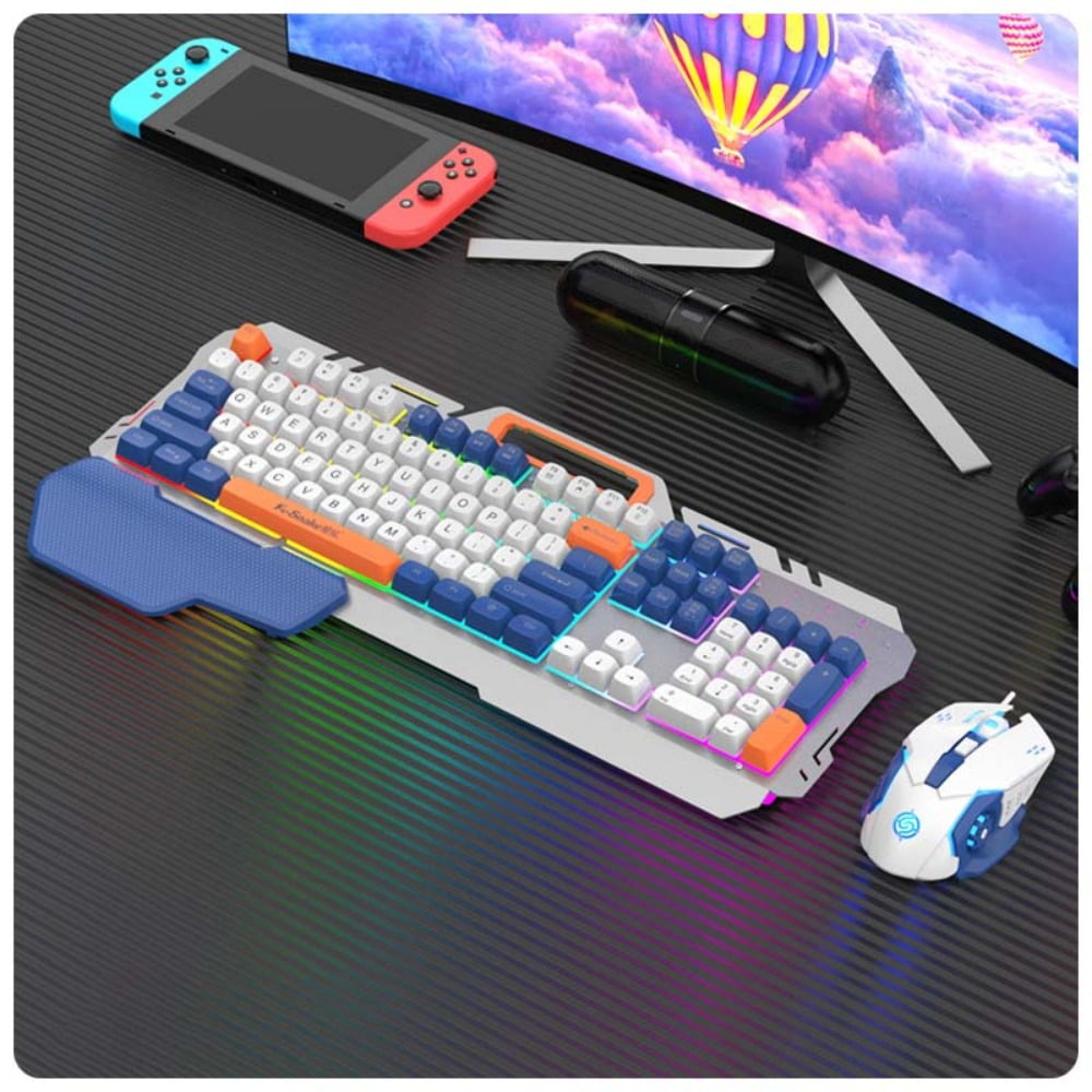 Wired gaming keyboard and mouse combination, RGB illuminated keyboard, metal panel with extended wrist rest, 104 key rainbow backlit wired gaming keyboard, full-size computer keyboard