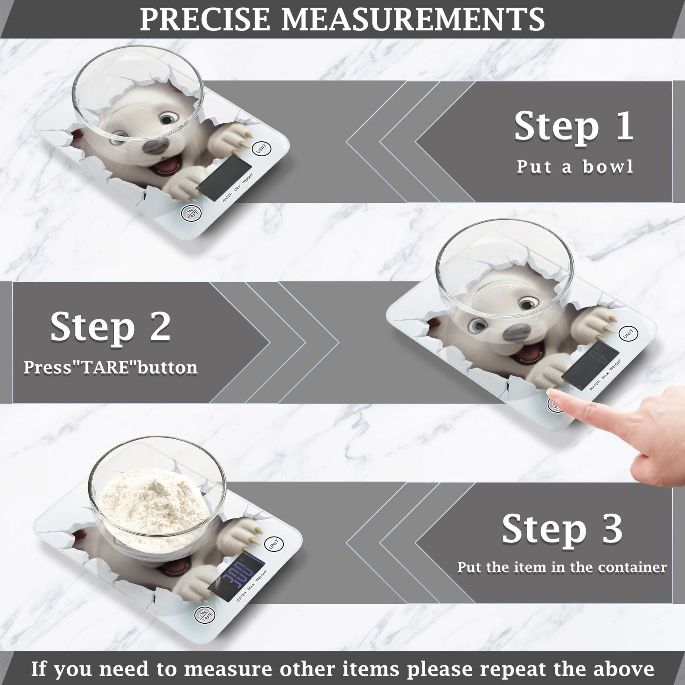 White Bear Face Wall Food Scale Digital Kitchen Scale Waterproof Tempered Glass Tare Function 11 lb for Baking Cooking Meal Prep